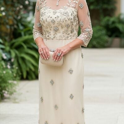 Champagne sheath lace beaded crsytals appliques mother of bride/groom dress evening formal gowns 