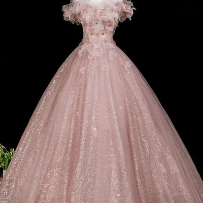 Pink tulle flowers long a-line prom party dress - Thumbnail 1