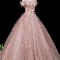 Pink Tulle Flowers Long A-Line Prom Party Dress - Thumbnail 1