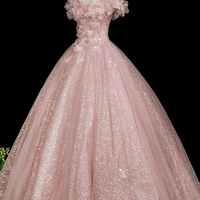 Pink Tulle Flowers Long A-Line Prom Party Dress - Thumbnail 2