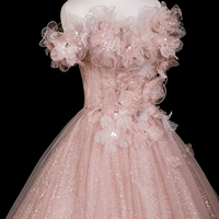Pink Tulle Flowers Long A-Line Prom Party Dress - Thumbnail 4
