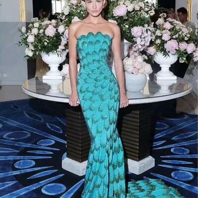 Customized blue sequins mermaid strapless robes de soirée backless sleeveless party dresses floor-length prom dress 