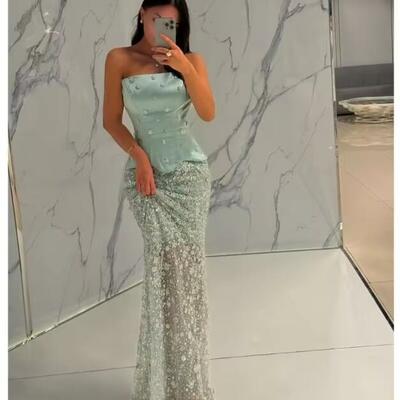 Customize green beaded mermaid robes de soirée strapless sleeveless prom dresses floor-length pearls wedding dress