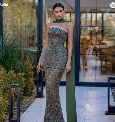 Customized Gray Glitter Two-Piece Set Mermaid robes de soirée Strapless Evening Dresses Floor-Length Formal Birthday Dress