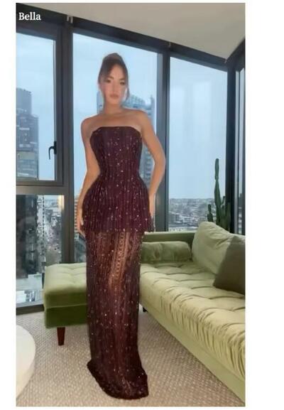  Customized Brown Sequins Lace robes de soirée Two-Piece Set Strapless Sleeveless Party Dresses Land-Length Prom Dress 
