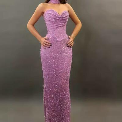 Customize pink sequin strapless backless robes de soirée sleeveless a-line prom dresses floor-length birthday party dress 