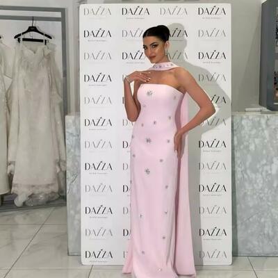 Customized pink glitter long silk scarves strapless robes de soirée sleeveless party dresses floor-length prom dress