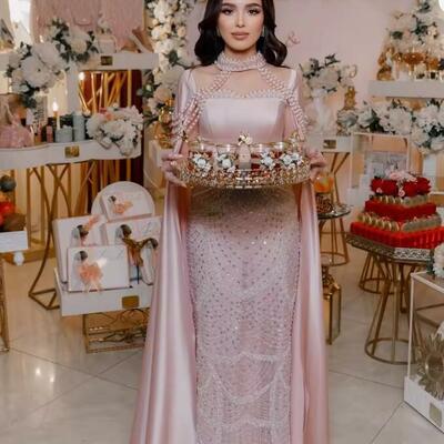 Customized champagne beaded with a shawl robes de soirée strapless satin pearls party dresses floor-length prom dress 