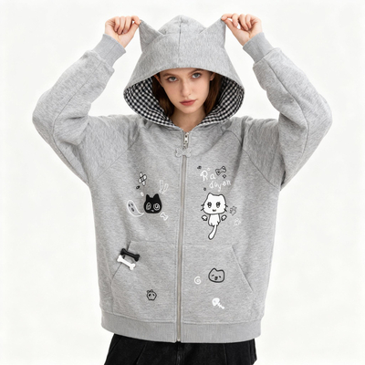 Cute cat print zipper up hoodie jacket