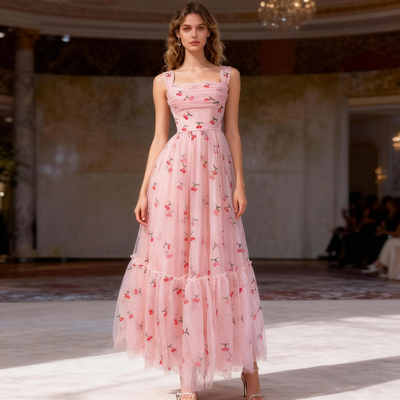 Sweet Cherry Print Mesh Dress Maxi Dress