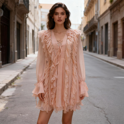 Chiffon v-neck long sleeve ruffle dress