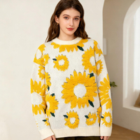 Sunflower Embroidery Round Collar Knit Oversized Sweater - Thumbnail 1