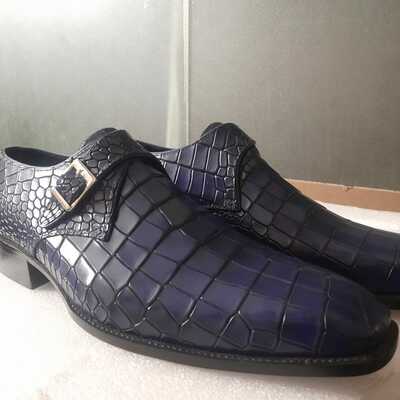 Hot sale christmas alligator skin navy blue monk strap handmade shoes