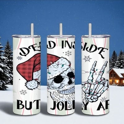 ​"dead inside but jolly af" christmas tumbler | 20oz skinny skeleton santa