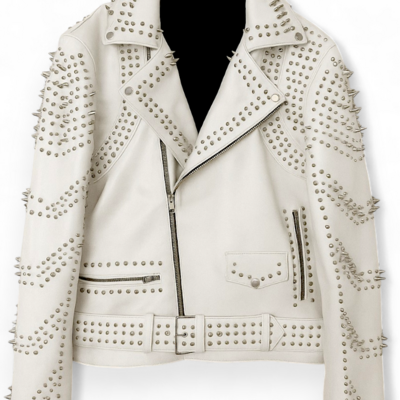 Crafted leather new women punk white silver long spiked studded brando biker leather jacket