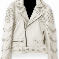 Crafted Leather New Women Punk White Silver Long Spiked Studded Brando Biker Leather Jacket - Thumbnail 1