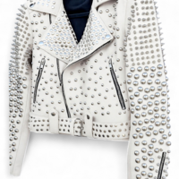 Crafted Leather Women White Studded Genuine Leather Punk Style Jacket - Thumbnail 1
