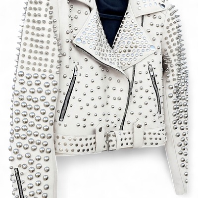 Crafted leather women white studded genuine leather punk style jacket