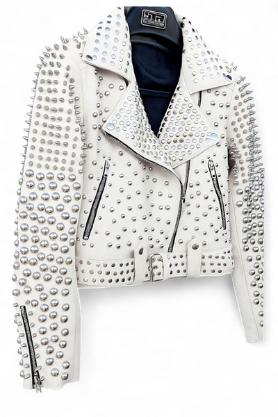 Crafted Leather Women White Studded Genuine Leather Punk Style Jacket