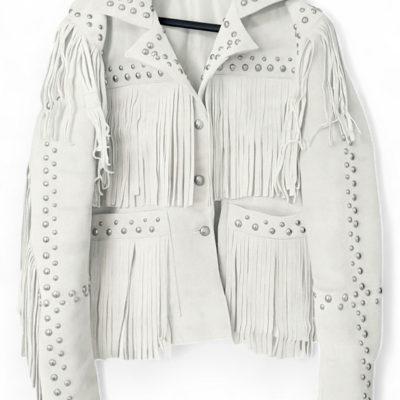 Crafted leather women's white suede leather studded jacket with beads & studs - Thumbnail 2