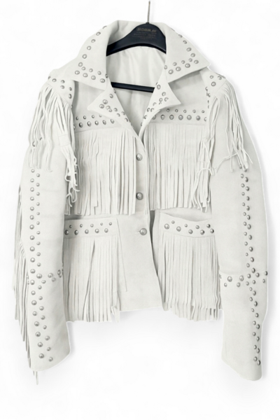 Crafted Leather Women's White Suede Leather Studded Jacket with Beads & Studs