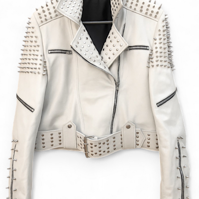 Crafted leather classy white gothic emo style leather studded jacket with silver studs and spikes