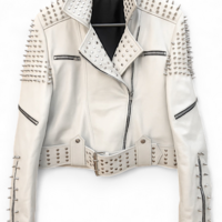 Crafted Leather Classy White Gothic Emo Style Leather Studded Jacket with Silver Studs and Spikes - Thumbnail 1