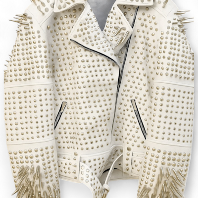 Crafted leather white punk silver spiked studded leather brando style jacket