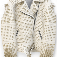 Crafted Leather White Punk Silver Spiked Studded Leather Brando Style Jacket - Thumbnail 1