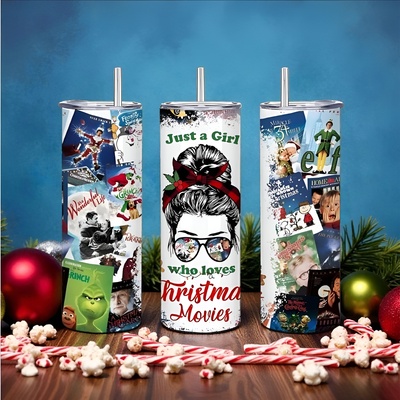 Just a girl who loves christmas movies tumbler - messy bun holiday film collage 20 oz skinny sublimation