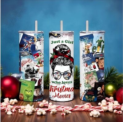 Just a Girl Who Loves Christmas Movies Tumbler - Messy Bun Holiday Film Collage 20 oz Skinny Sublimation