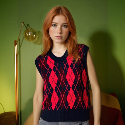 Fashionable and versatile loose diamond pattern knitted vest