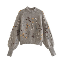 Fashionable casual beaded knitted sweater - Thumbnail 1