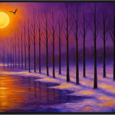 Sunset over frosty forest