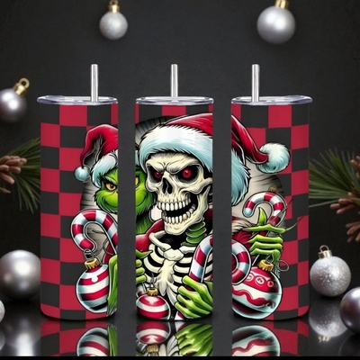 Grinch skeleton santa tumbler 20oz - skull christmas tumbler with red buffalo plaid - gothic holiday cup with candy canes - edgy grinch gift