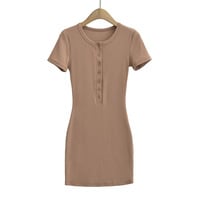 Round neck seven-button slim waist short-sleeved dress - Thumbnail 2