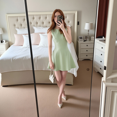 Small round neck ice cream color waist sleeveless A-line birthday dress