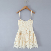 V-neck chest tie crocheted hollow lace suspender dress - Thumbnail 3