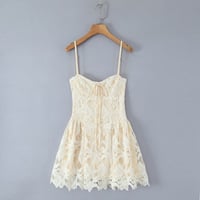 V-neck chest tie crocheted hollow lace suspender dress - Thumbnail 4