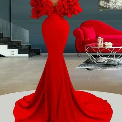 Luxury mermaid red butterflymeshfabric eveing dress floor-length v neck wedding dresses 3d floral