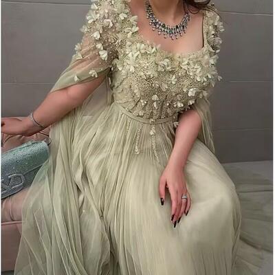 Green 3d flowers beading prom dresses square collar sweep train customized birthday part dress