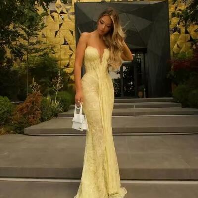 Customized yellow flowers embroidery party dress v neck mermaid prom dress strapless floor-length evening dresses