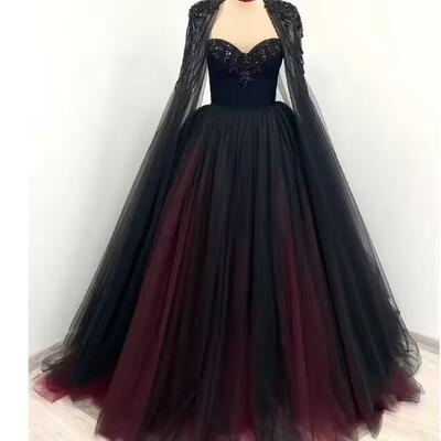 Gothic black with red wedding dress sequins cape sleeve ball gown vestidos de novia customized a-line prom dresses