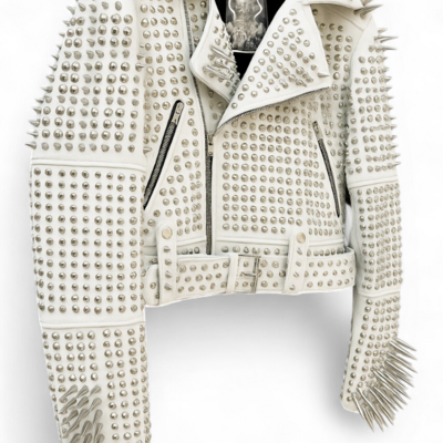 Crafted leather white awesome women's punk rock full long spiked studded brando rusty leather jacket 