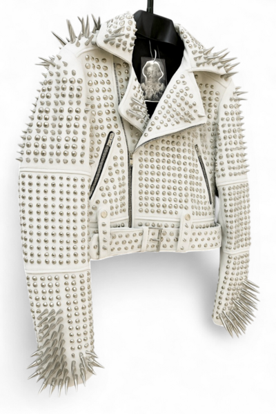 Crafted Leather White Awesome Women's Punk Rock Full Long Spiked Studded Brando Rusty Leather Jacket 