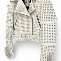Crafted Leather White Awesome Women's Punk Rock Full Long Spiked Studded Brando Rusty Leather Jacket  - Thumbnail 1