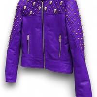 Crafted Leather Women Purple Quilted Gold Studded Skeletons Genuine Leather Jacket - Thumbnail 1