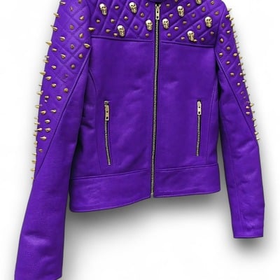 Crafted leather women purple quilted gold studded skeletons genuine leather jacket