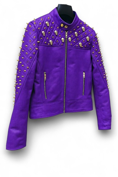 Crafted Leather Women Purple Quilted Gold Studded Skeletons Genuine Leather Jacket