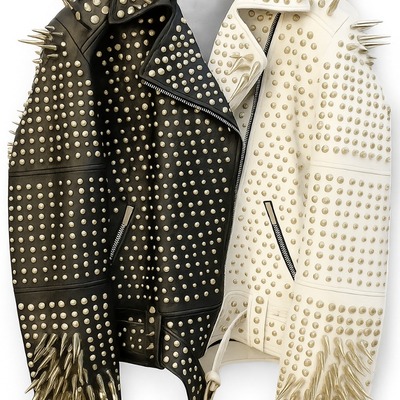 Crafted leather black white punk silver spiked studded leather brando style jacket